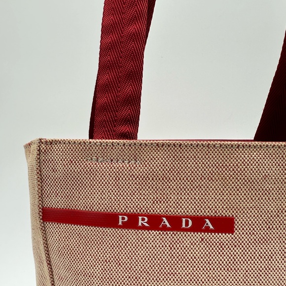Authentic Prada Red & Beige Canvas Handbag - Picture 5 of 17